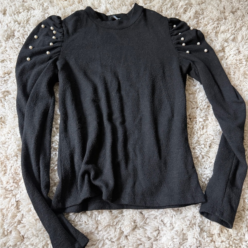 Zara Black Long Sleeve Bell Sleeve Top with Shoulder Pearls